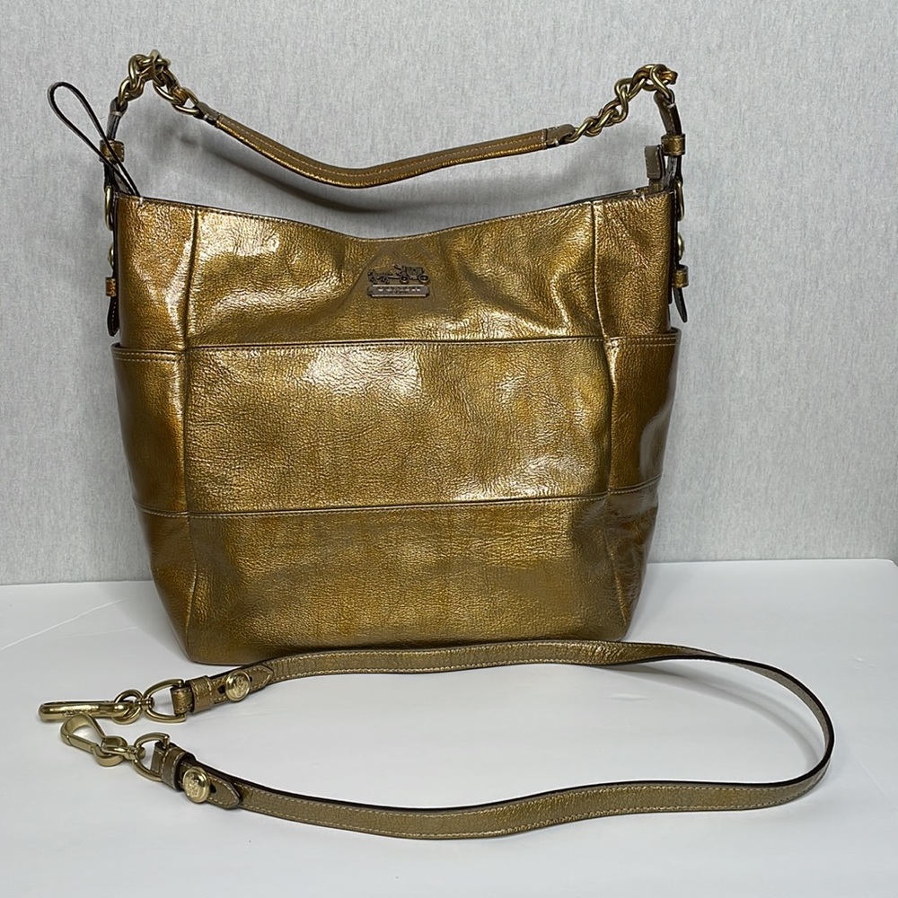 Coach, metallic, patent, shoulder bag/ detachable crossbody strap.